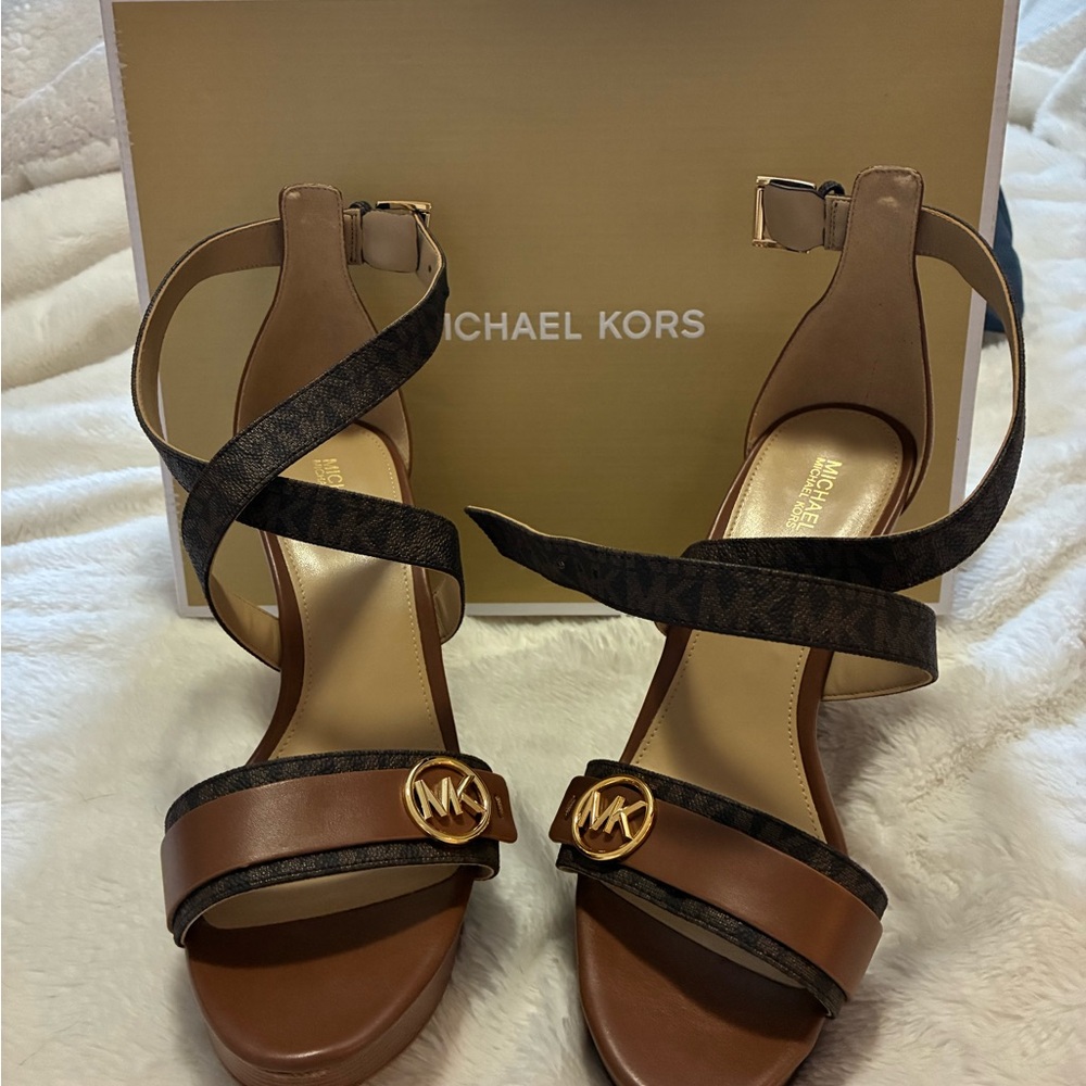 Michael Kors Brown and Black Sandals with Gold Accents